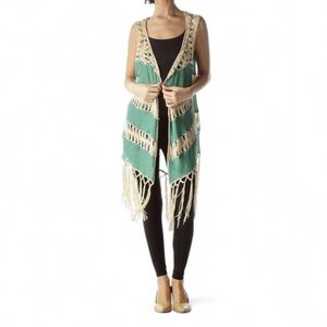 Umgee Retro 70s‎ Crochet Bohemian Long Fringe Gauze Open Crinkle Vest Sz M Moss